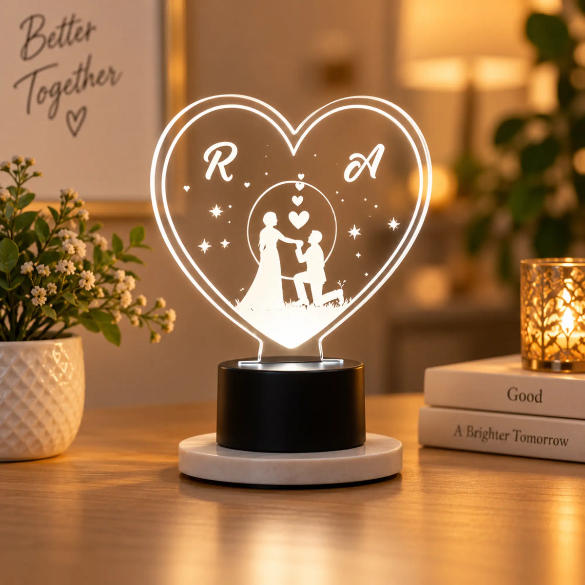 Timeless Love LED Lamp - Personalized heart-shaped lamp with couple silhouette and initials, ideal romantic gift for anniversaries or weddings.