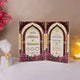 Crimson Qalb Nikah Nama with gold and maroon Islamic design, featuring names Akhtar & Fateema, ideal for personalized wedding gifts.