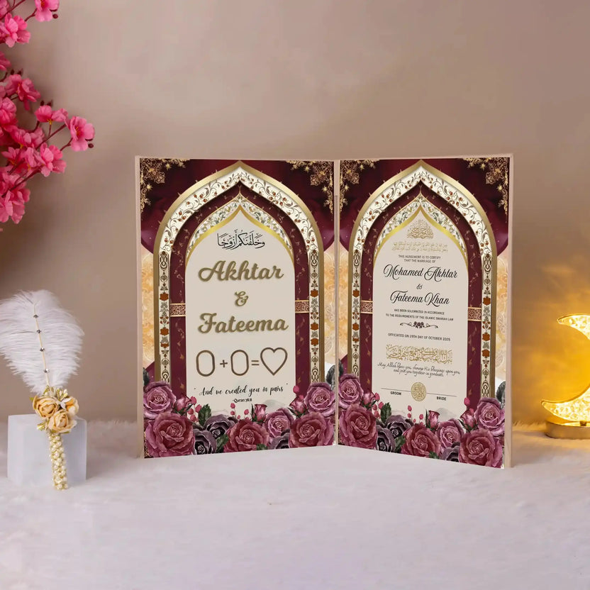 Crimson Qalb Nikah Nama with gold and maroon Islamic design, featuring names Akhtar & Fateema, ideal for personalized wedding gifts. Main image