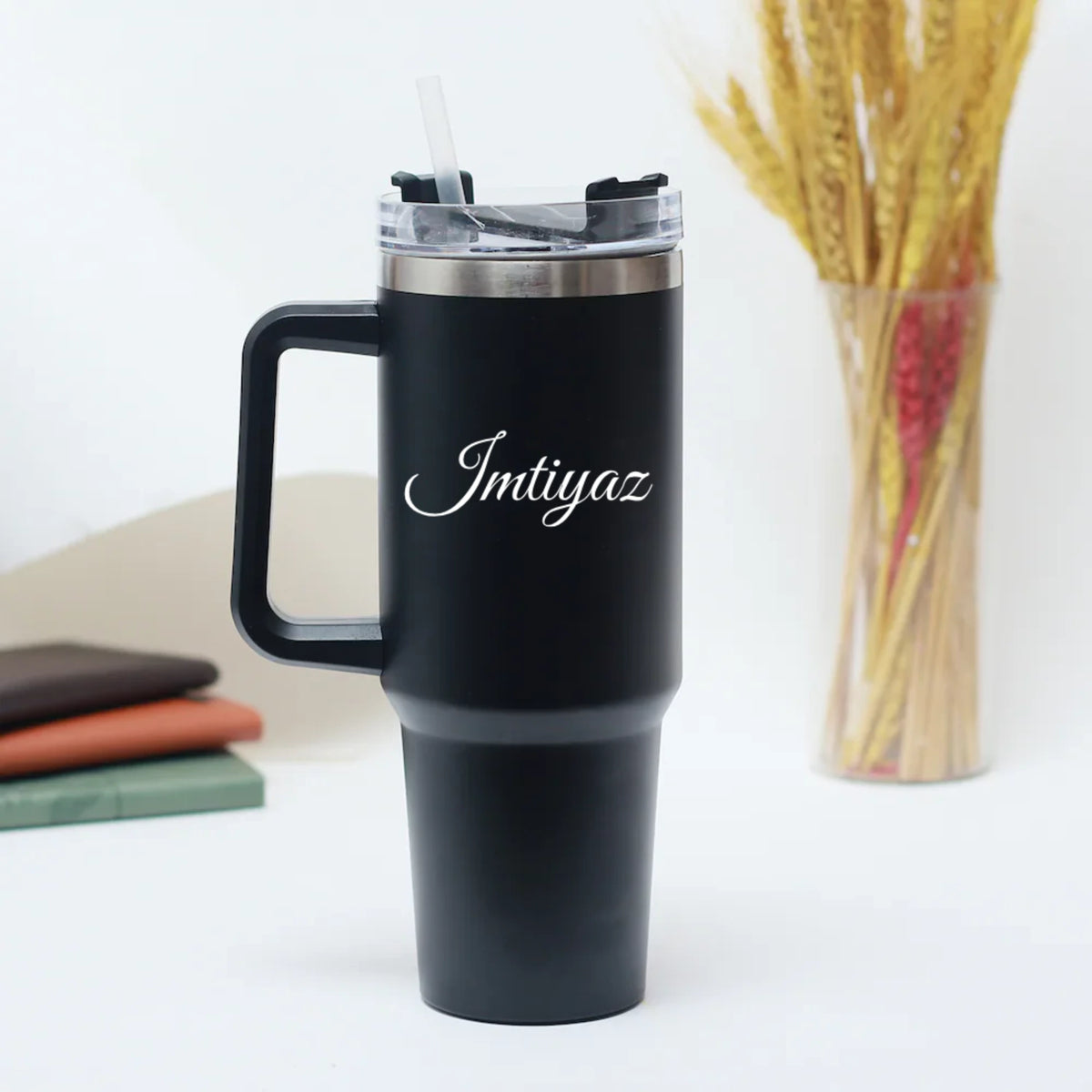 Black insulated tumbler with handle and custom name