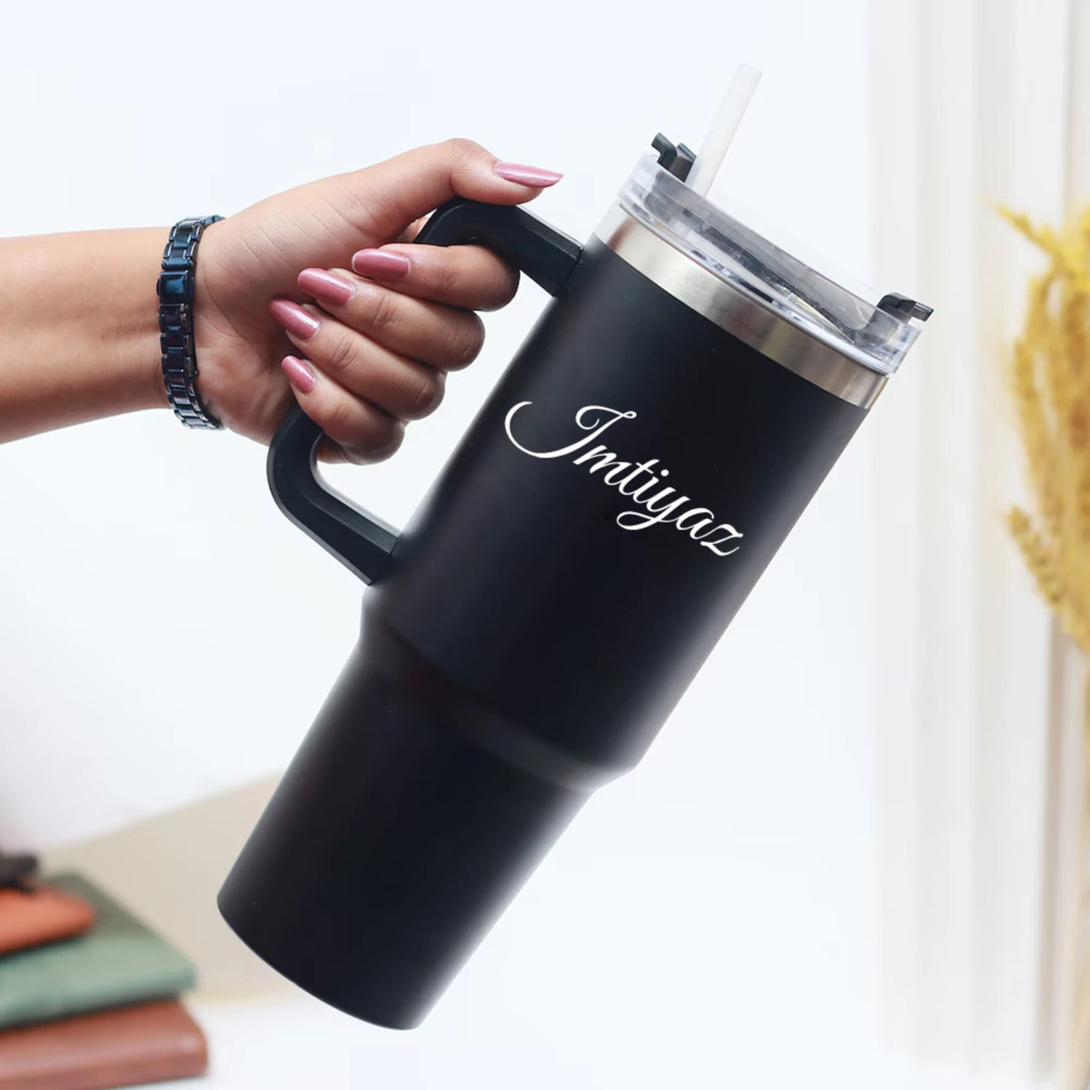 Black personalized tumbler with handle and custom name