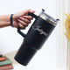 Black personalized tumbler with handle and custom name