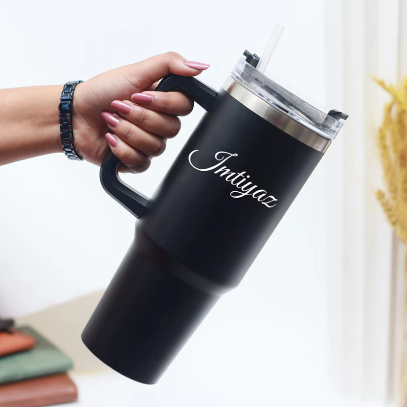 Black personalized tumbler with handle and custom name Main image
