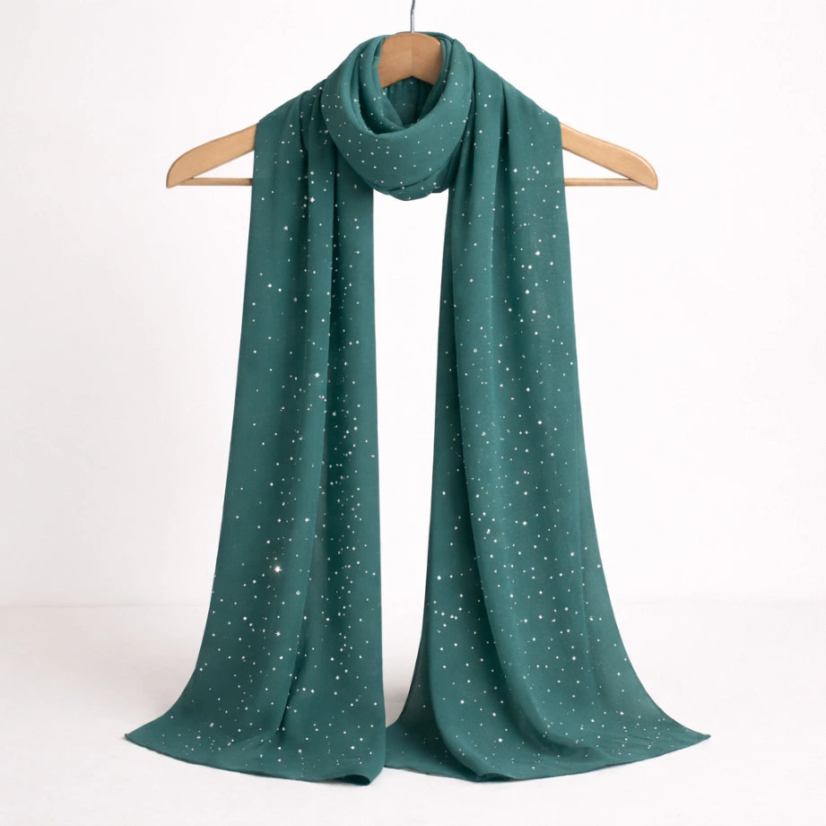 Dark Teal Studded Hijab in premium chiffon with lightweight, soft texture and shimmering stud details, ideal for modest fashion styling.