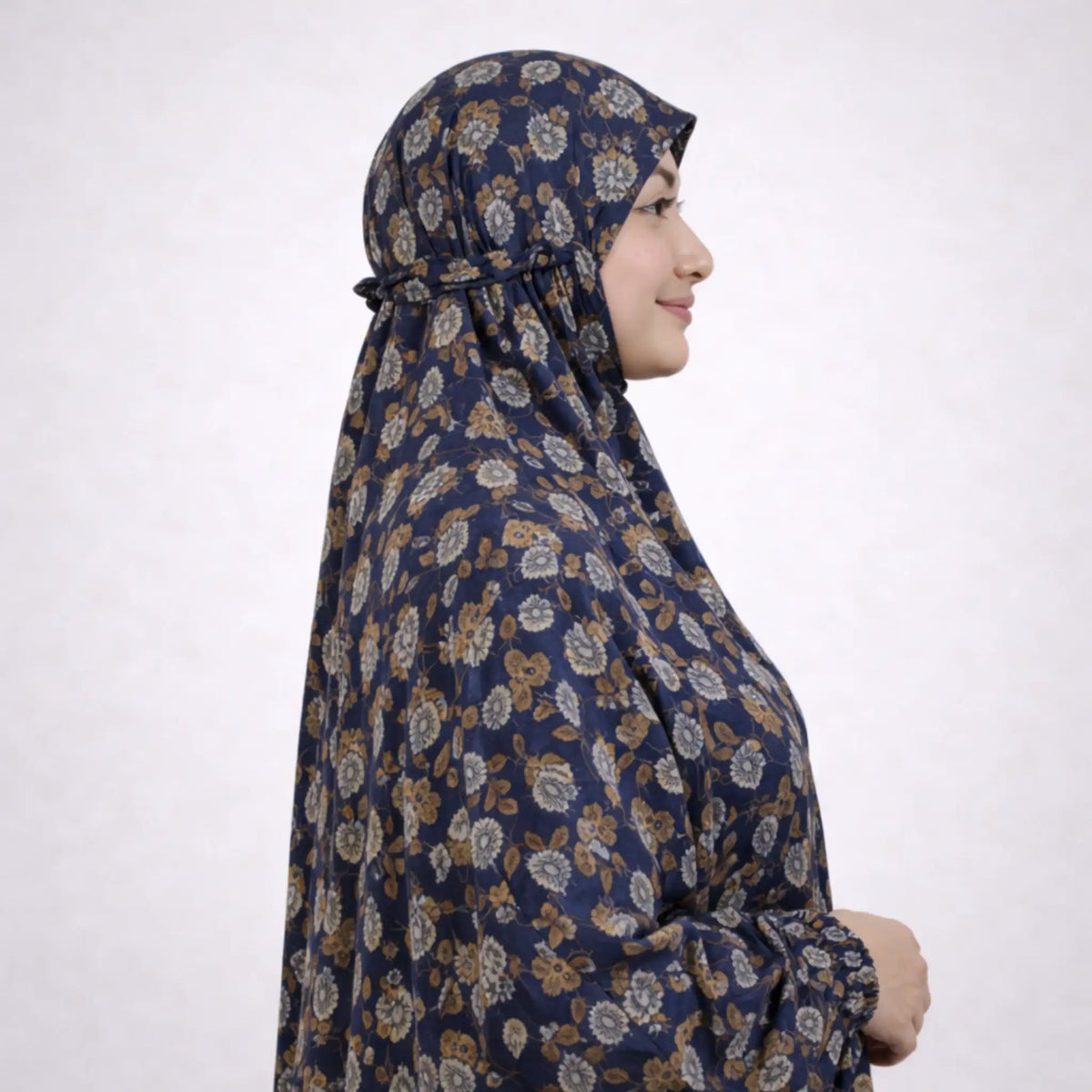 Side view of Prayer Dress 4 showcasing the secure fit of the premium chiffon hijab and elegant floral design for modest fashion.