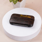 Customised brown leather grooming kit case with gold 'Ibrahim' text. Stylish and practical travel gift for men and women.