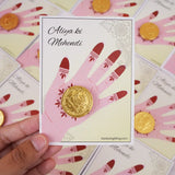 Mehndi Favors Chocolate Cards displayed in bulk – gold-foil wrapped chocolate coins on vibrant henna-inspired cards, perfect return gift for Mehndi ceremonies