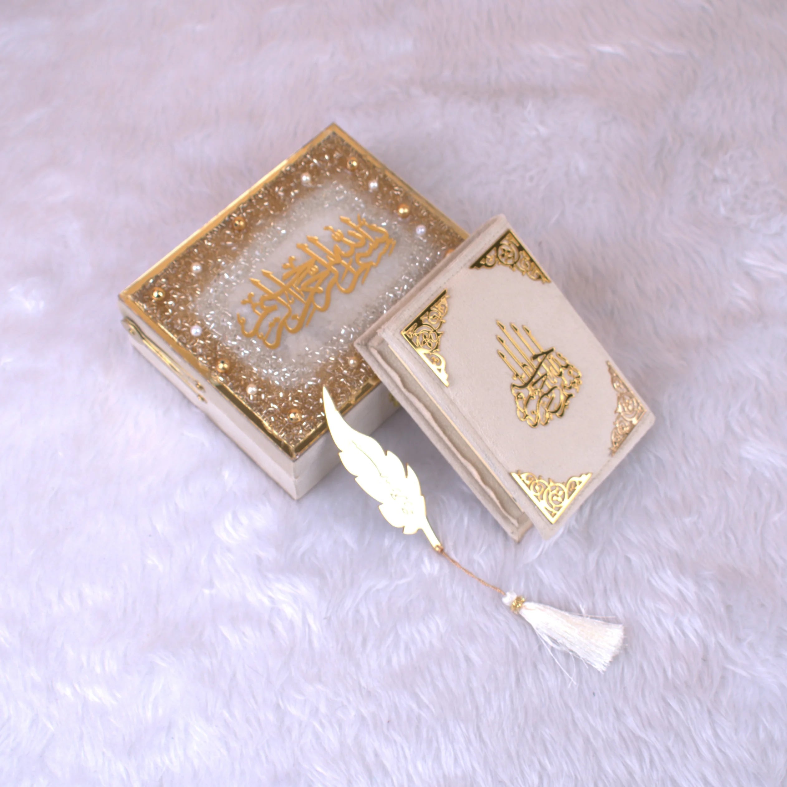 White Mini Tilawat-e-Quran velvet box set with glittery gold design and feather bookmark. Handmade ceremonial gift for Islamic occasions. Main image
