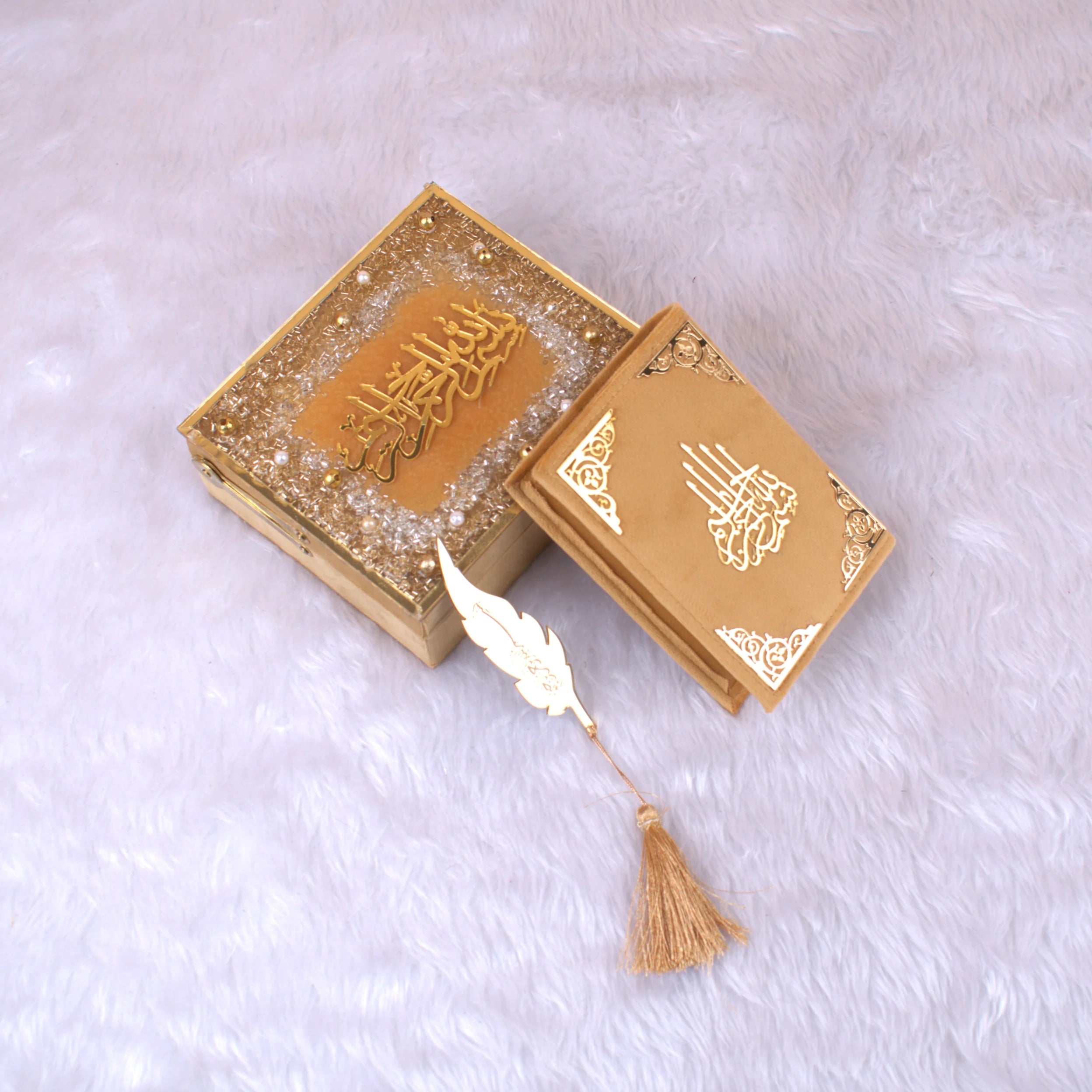 Golden brown Mini Tilawat-e-Quran velvet box set with crystal detailing and feather bookmark. Handmade Islamic gift for all occasions. Main image
