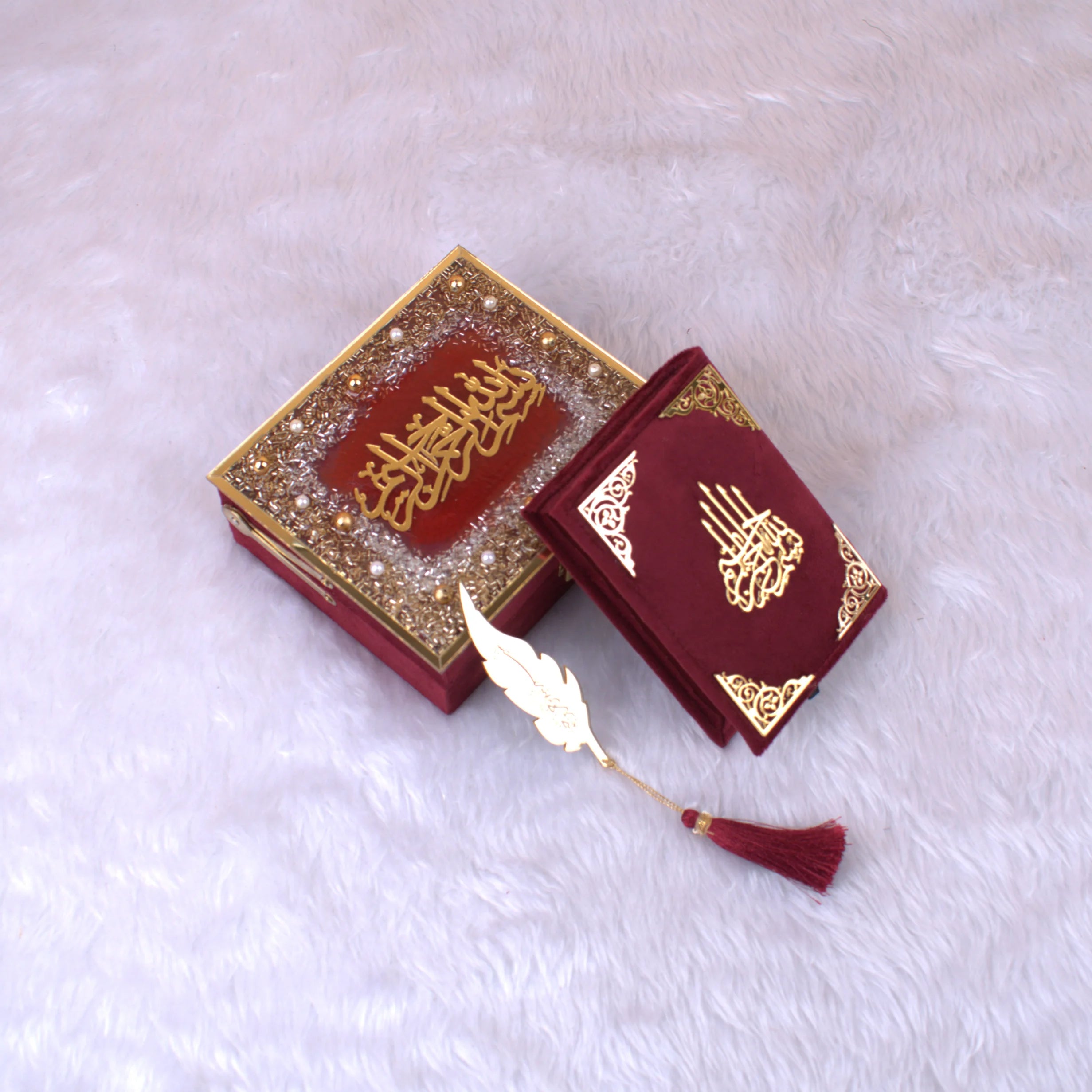 Mini Tilawat-e-Quran in red velvet box with golden Arabic calligraphy and feather bookmark. Handmade Islamic gift set from India. Main image