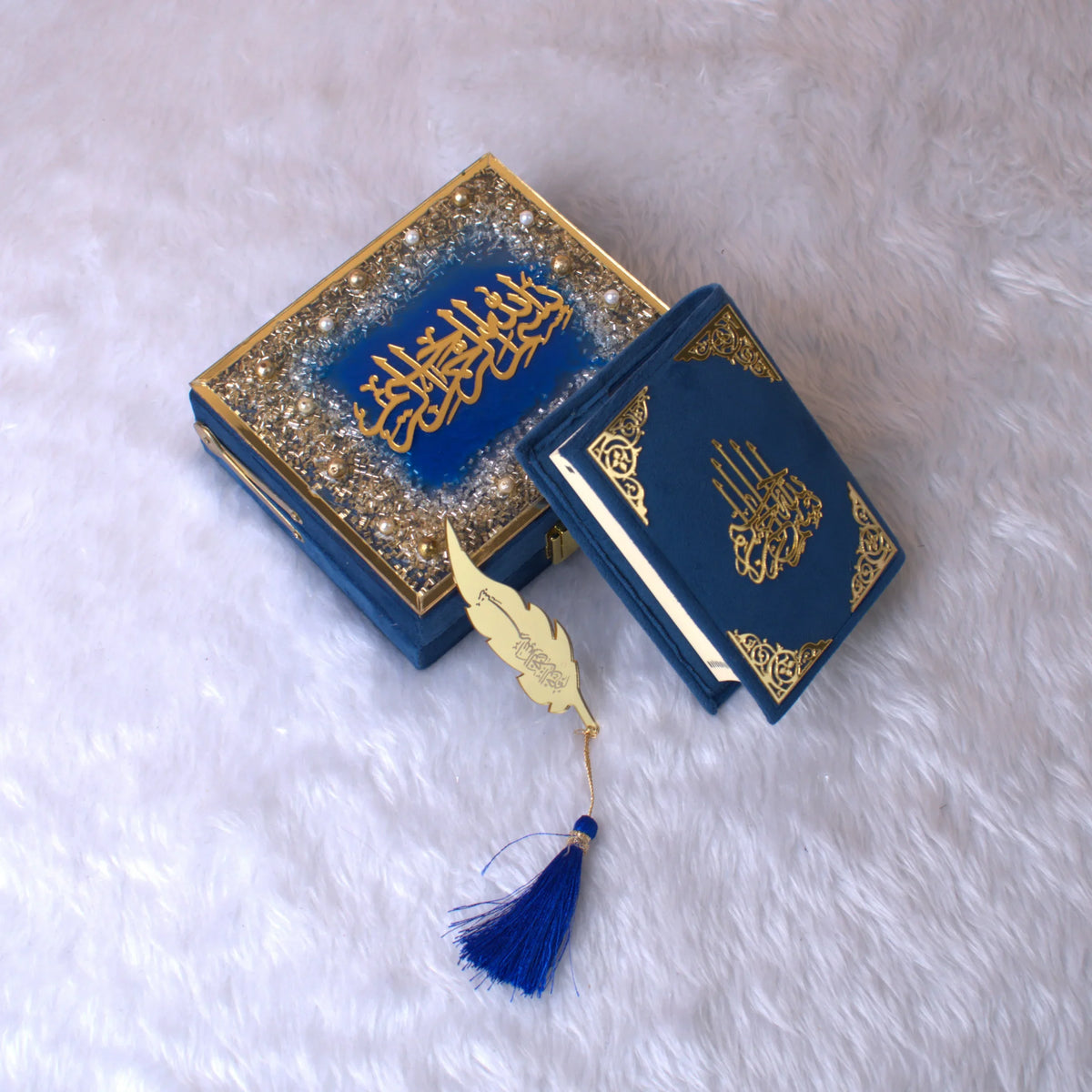 Royal blue Mini Tilawat-e-Quran velvet box set with glittery gold design and feather tassel. Handmade Islamic gift perfect for Eid.