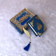 Royal blue Mini Tilawat-e-Quran velvet box set with glittery gold design and feather tassel. Handmade Islamic gift perfect for Eid.