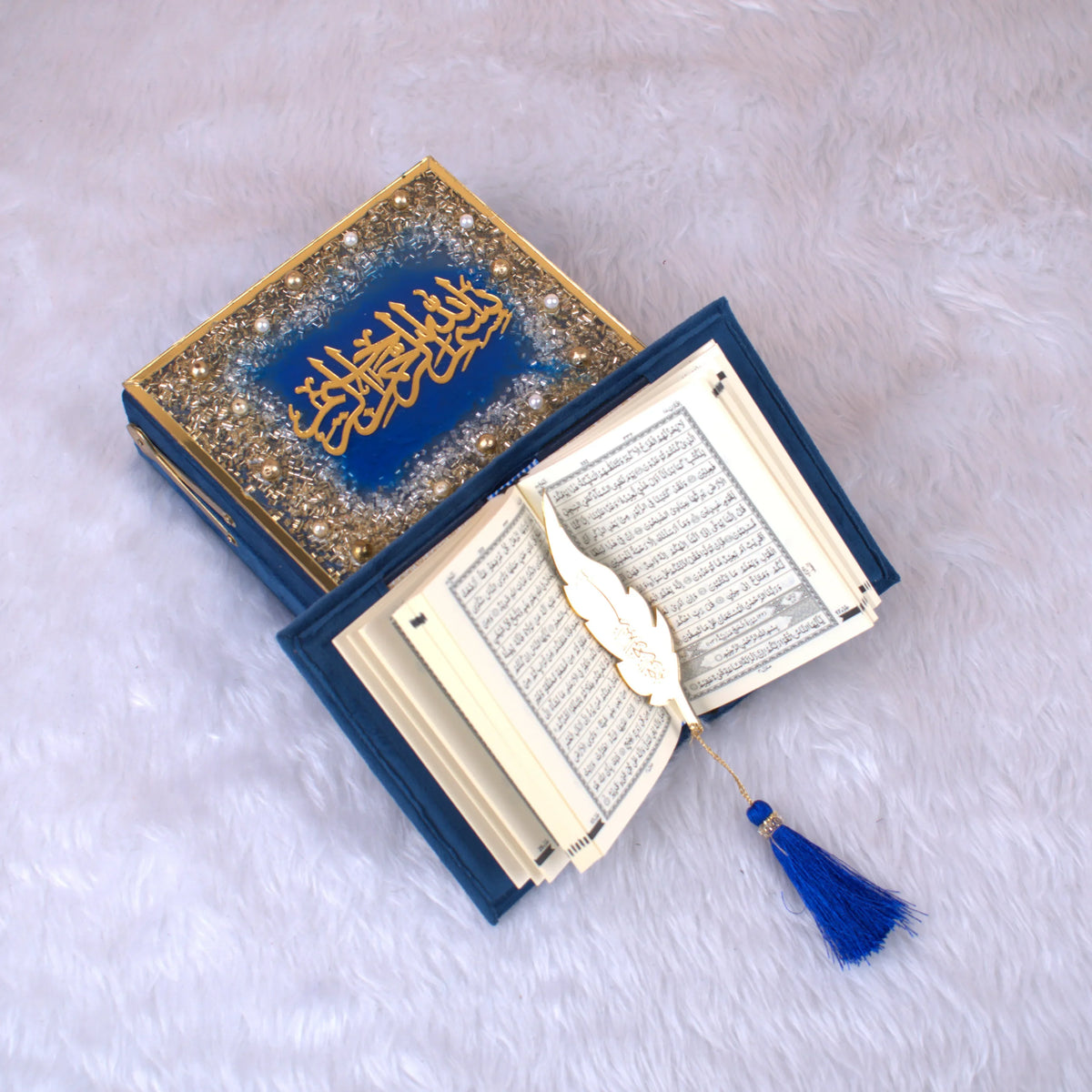 Blue Sequence Mini Tilawat-e-Quran with feather bookmark in open velvet box, part of Velvet Quran Gift Set for religious gifting.