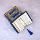 Blue Sequence Mini Tilawat-e-Quran with feather bookmark in open velvet box, part of Velvet Quran Gift Set for religious gifting.