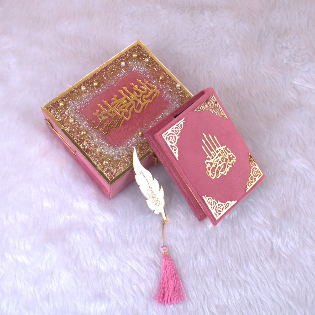 Pink Mini Tilawat-e-Quran velvet box set with golden calligraphy and pink tassel bookmark. Handmade Islamic gift for women and girls.