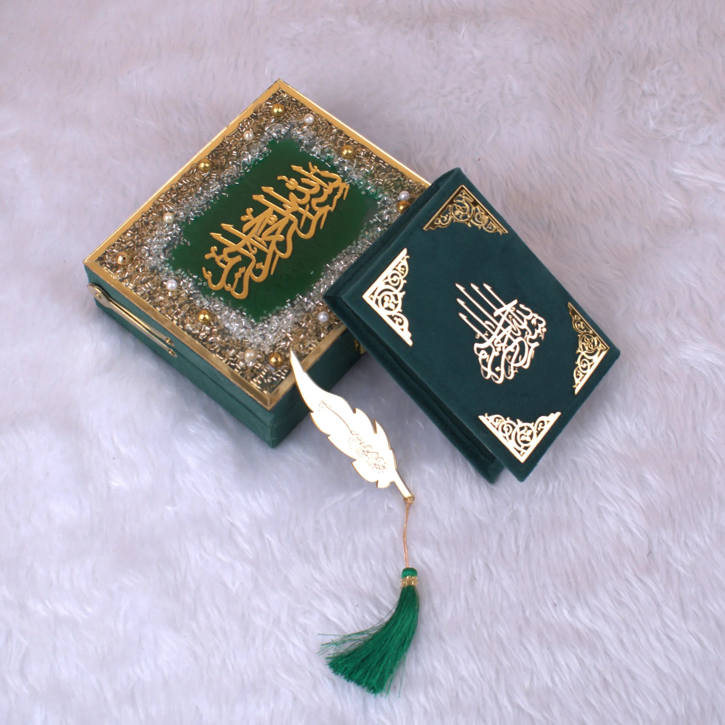 Green Sequence Mini Tilawat Quran in velvet box with gold Islamic calligraphy and feather bookmark, ideal handmade gift from India. Main image