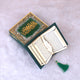 Open Green Sequence Mini Tilawat Quran with feather tassel bookmark, displayed in embellished velvet box, perfect for weddings or gifting.
