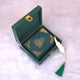 Velvet Quran Box Set featuring Green Sequence Mini Tilawat Quran with gold detailing and feather bookmark, elegant religious gift item.