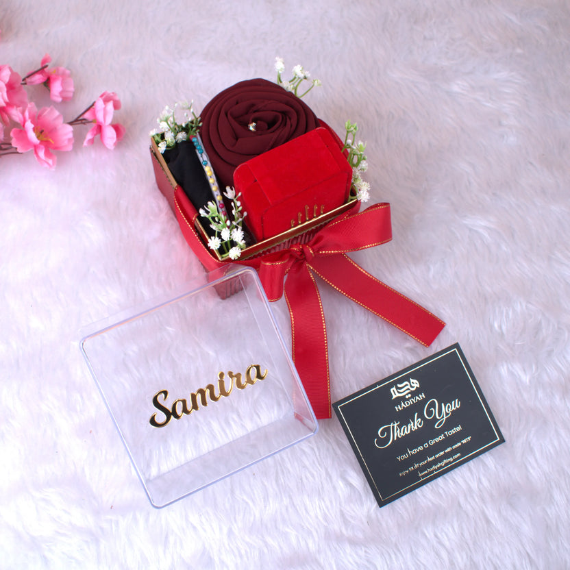 Red Hijab Combo with chiffon hijab, black cap, designer pins, and red velvet box in a personalized gift box labeled 'Samira'. Main image
