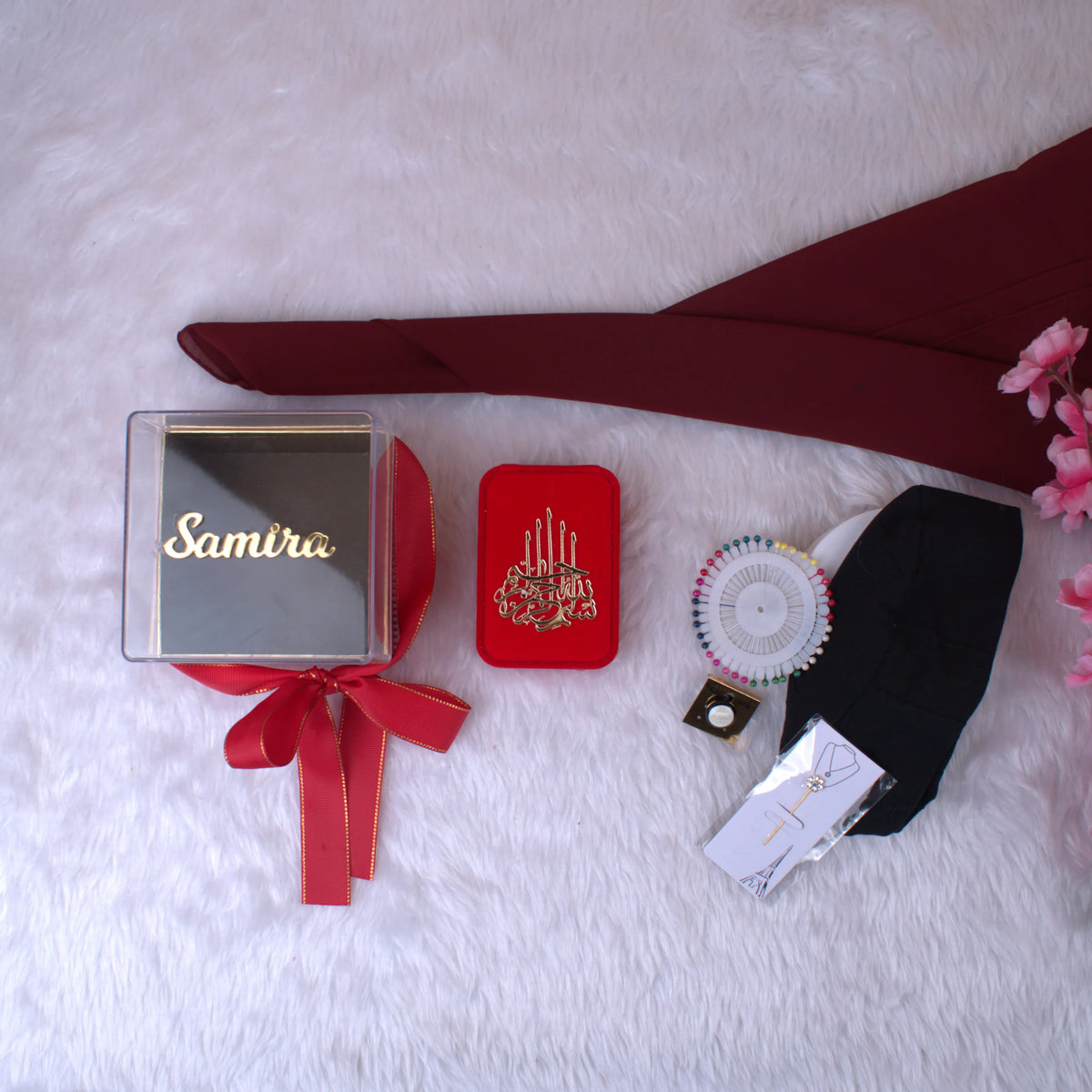 Unboxed Red Hijab Combo showing chiffon hijab, black cap, designer pins, and red velvet box with Islamic motif, ideal for gifting.