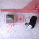 Unboxed Pink Hijab Set with chiffon hijab, black cap, designer pin, and accessories beside personalized gift box—great for women’s fashion.