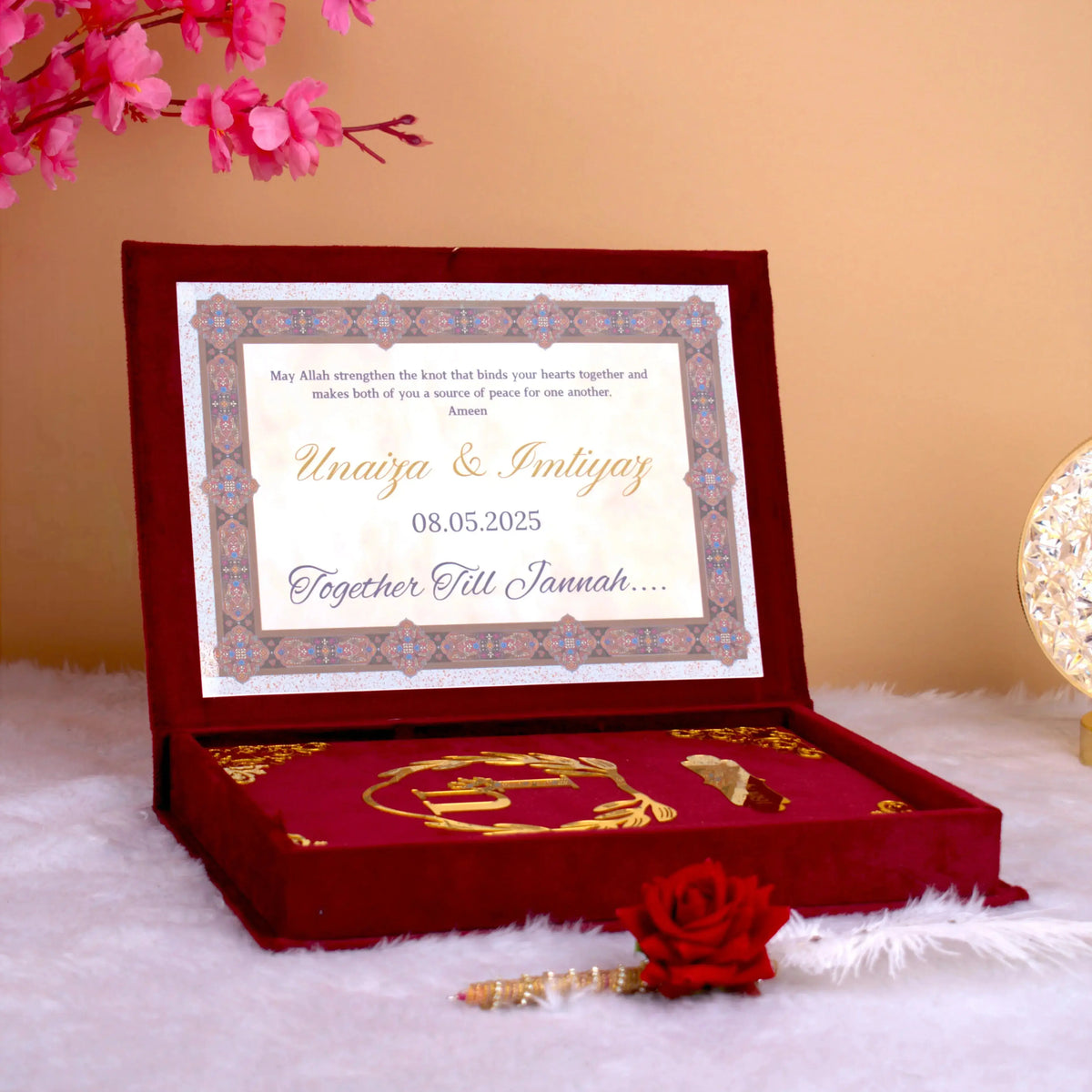 Personalized Maroon Majestic Nikah Hamper box with custom names and date, ideal for Islamic wedding keepsake and ceremonial gift presentation.