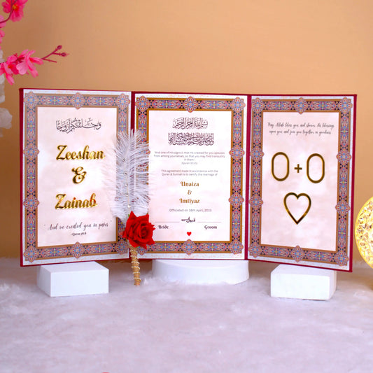 Customizable Nikah Nama in Maroon Majestic Essential Nikah Hamper with Islamic script and symbolic icons, perfect for wedding ceremony essentials.