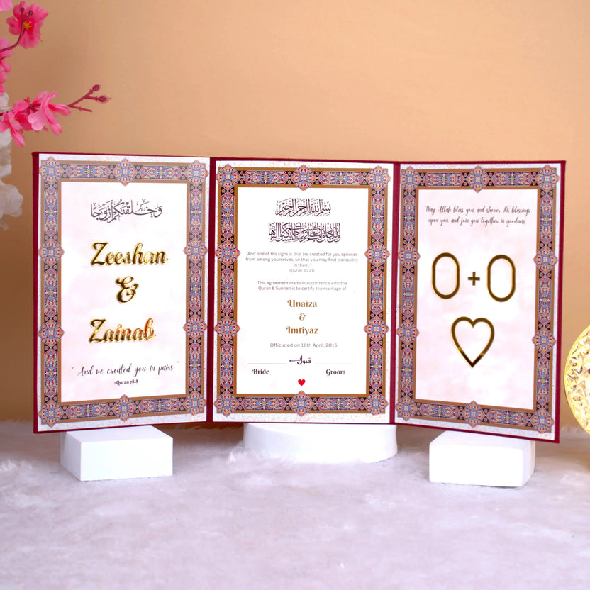 Detailed view of A4 Nikah Nama from Maroon Majestic Essential Nikah Hamper with Islamic verses and bride-groom names for wedding documentation. Main image