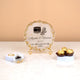 Islamic Gift Hamper featuring custom Hajj frame with Kaaba design, chocolates, and keychain, perfect for Hajj & Umrah return gifts.