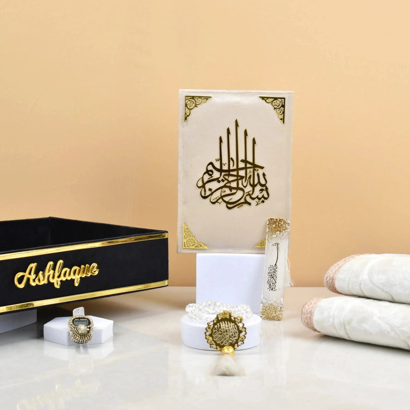 Midnight Barakah Quran Hamper with premium Arabic Quran, Janamaz, digital Tasbeeh, crystal Tasbeeh, feather bookmark, and velvet tray Main image