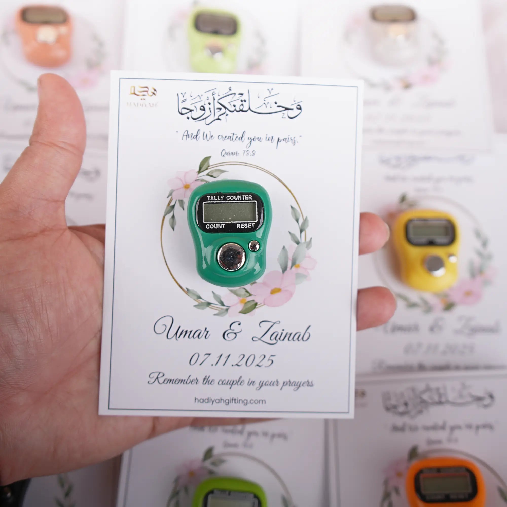 Nikah Favours - Digital Tasbeeh Cards featuring a green digital tally counter on a floral card with wedding details. Ideal for religious wedding gifts. Main image