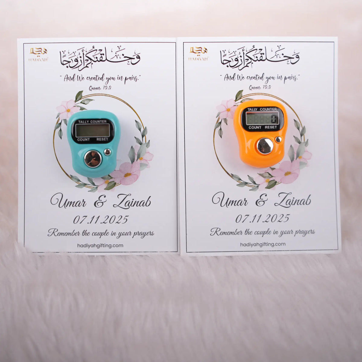 Set of two Digital Tasbeeh Cards in teal and orange, customized for Nikah Favours. Elegant Islamic wedding gifts with digital prayer counters.