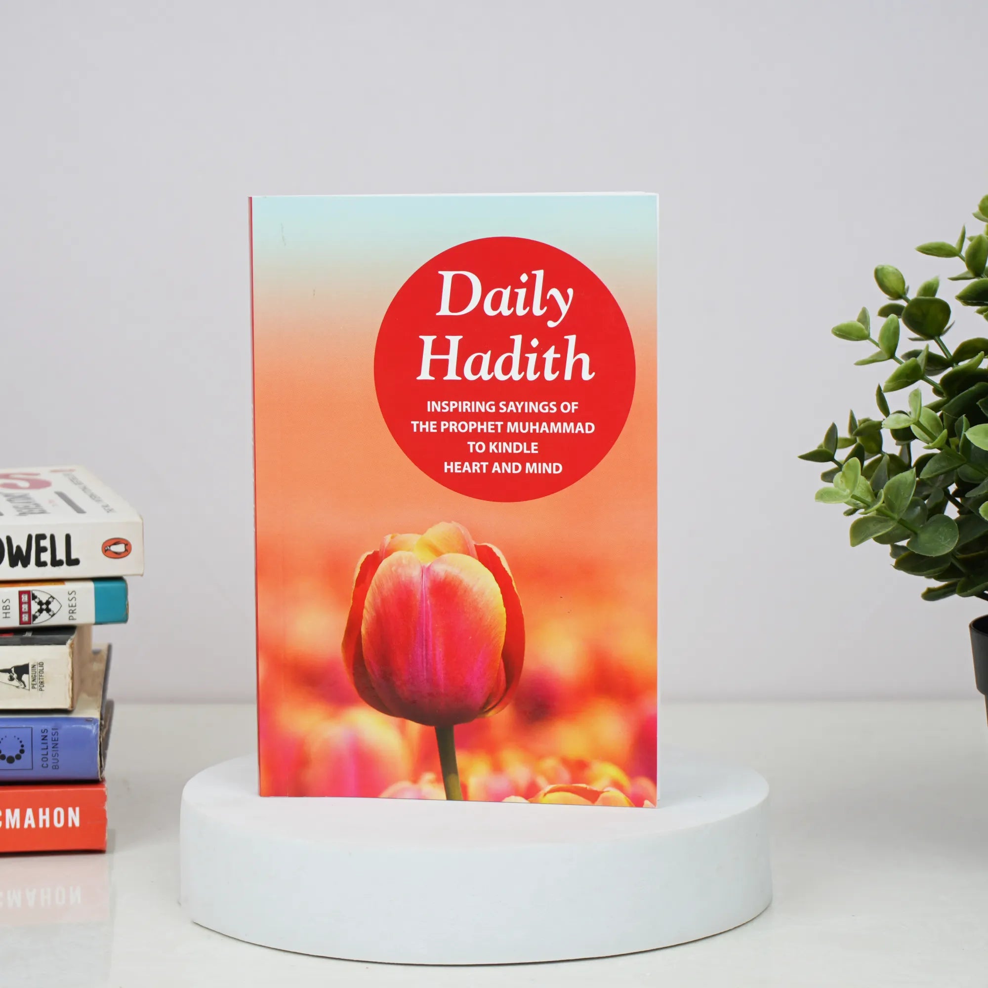 Book titled 'Daily Hadith' with a tulip design on a white surface with books and a plant in the background. Main image