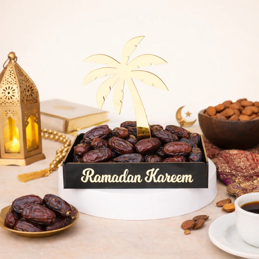 Ajwa dates tin with black and gold packaging, Ramadan and Eid gift idea