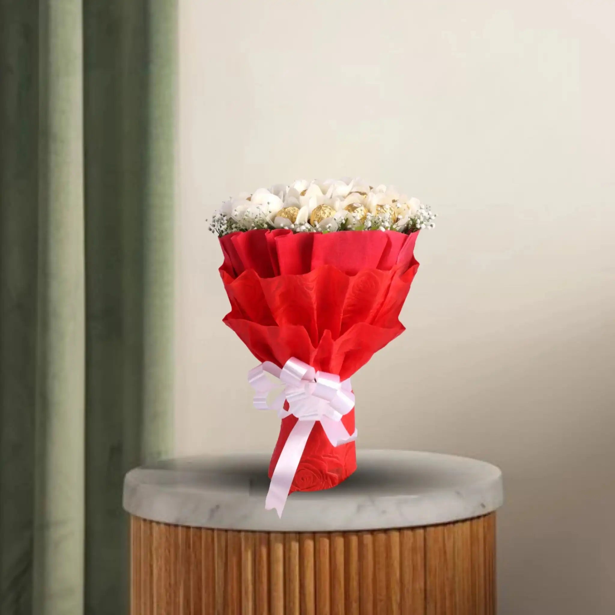 Ferrero Rocher Bunch - Chocolate Bouquet | 16 Piece Pack arranged in red paper wrap with green fillers and white ribbon, ideal for gifting. Main image