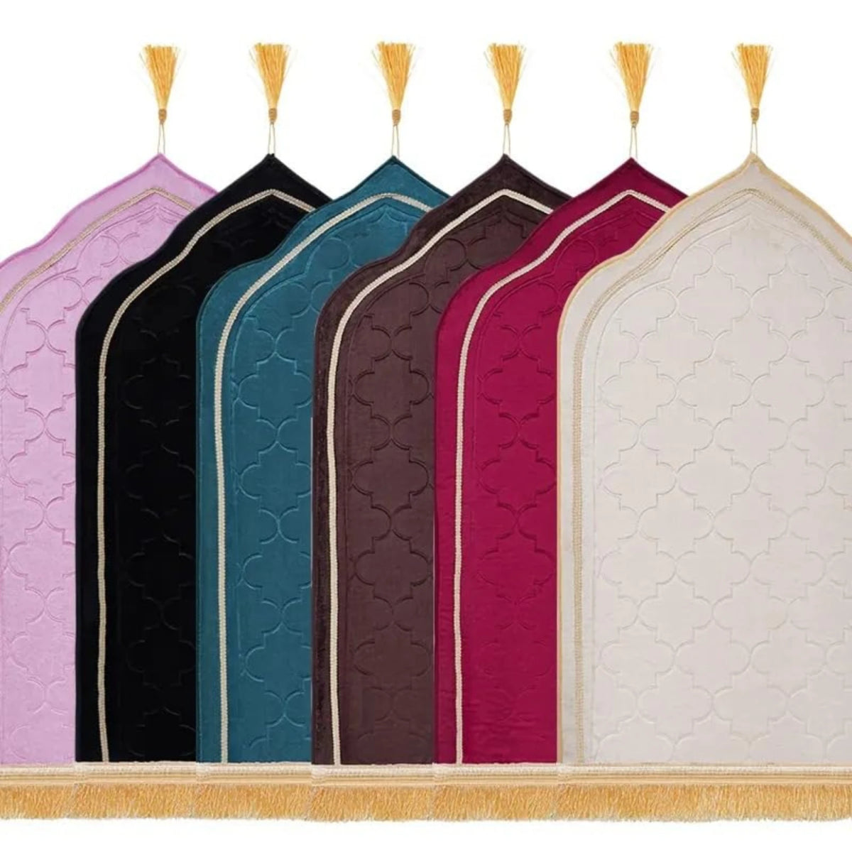 Collection of six Dome-Shaped Prayer Mats in assorted colors including black, pink, teal, and white, ideal for gifting and personalization.