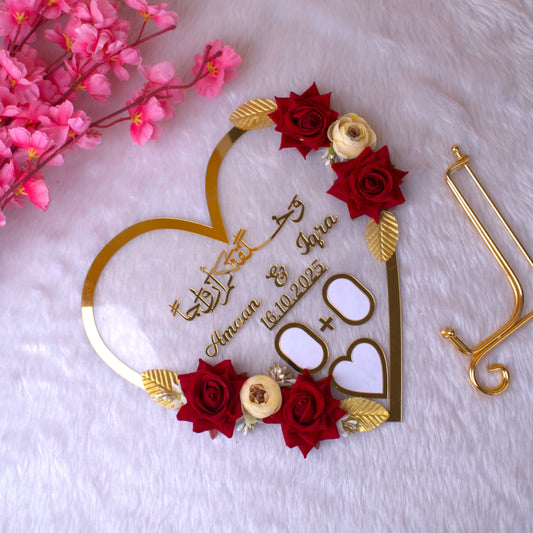 Heart Shape Thumb Printing Frame - Thumb Print | Acrylic, Personalizable, Handmade featuring red and cream roses, Arabic calligraphy, and custom names and date, ideal for Islamic weddings and home decor.