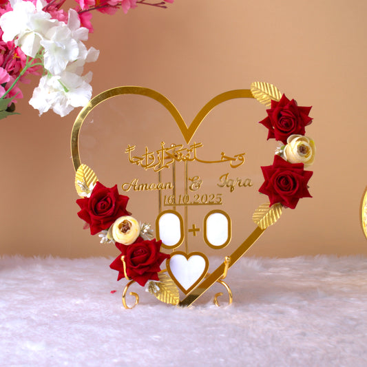 Heart Shape Thumb Printing Frame - Thumb Print | Acrylic, Personalizable, Handmade couple frame with red and white roses, gold accents, and custom names and date, ideal for Islamic weddings and home decor.