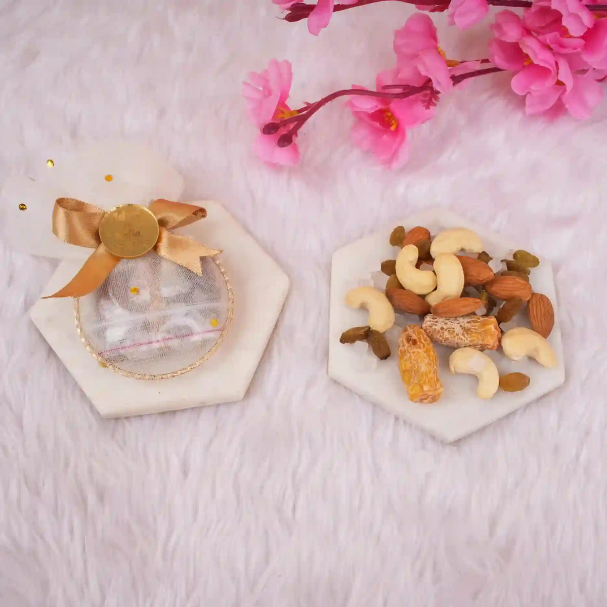 Golden Heart Nikah Favor pouch with assorted dry fruits displayed on marble coasters, perfect for religious wedding ceremonies and Nikah gift essentials.
