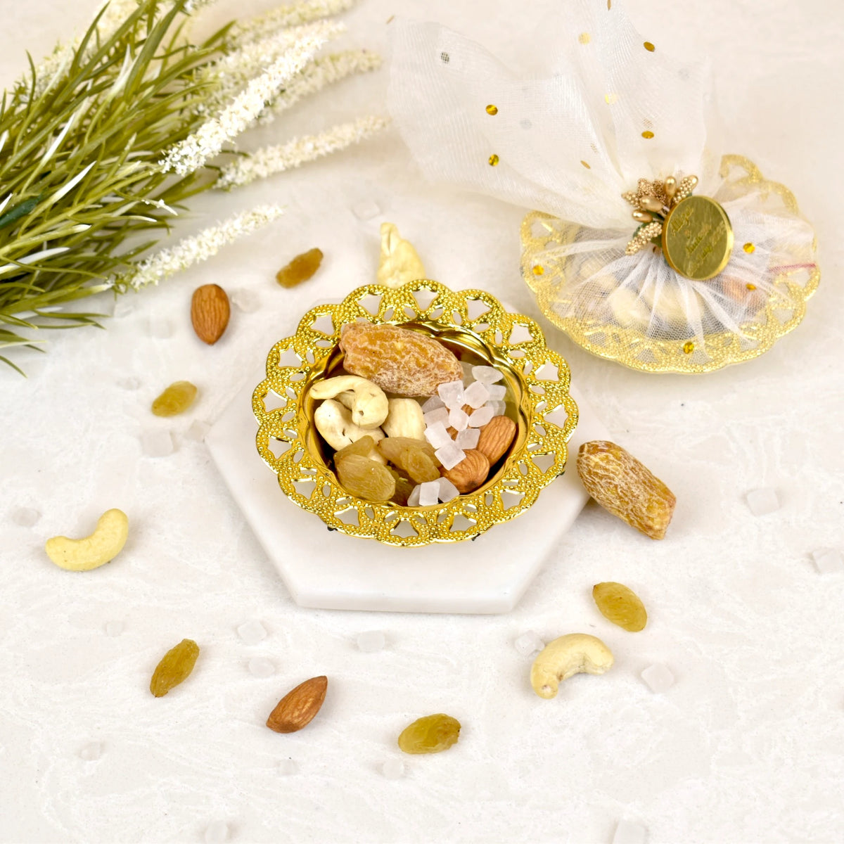 Open Mix Dry-Fruit Nikah Favor Gift Tray showing almonds, cashews, raisins, and rock sugar in a decorative gold tray with white net cover.
