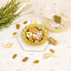 Open Mix Dry-Fruit Nikah Favor Gift Tray showing almonds, cashews, raisins, and rock sugar in a decorative gold tray with white net cover.
