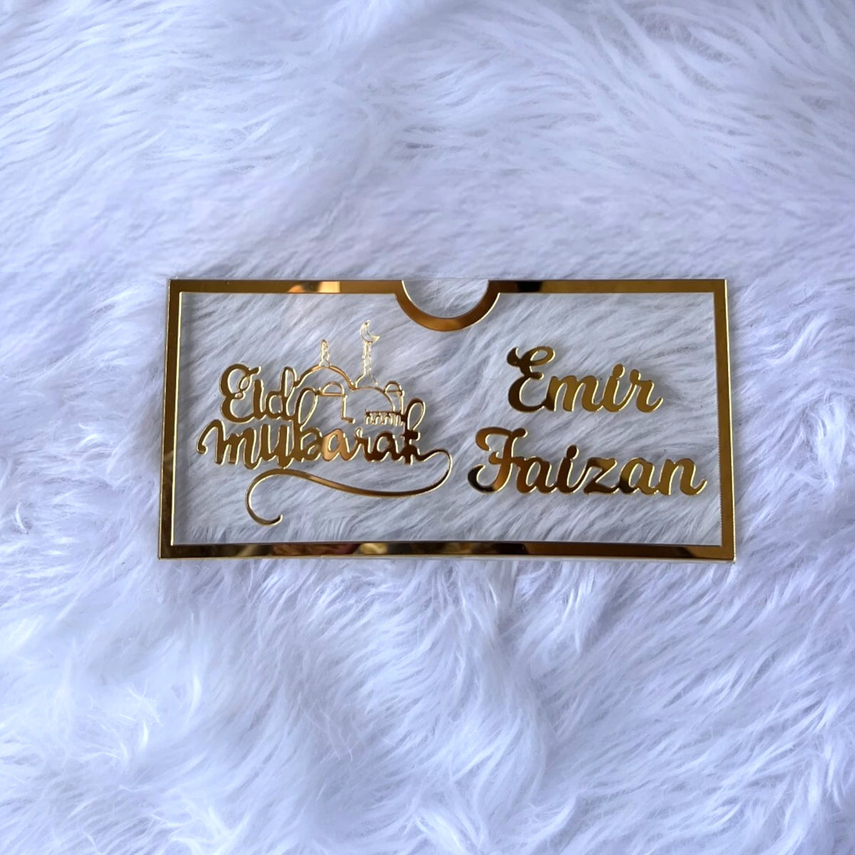 Personalized EID Mubarak Acrylic Envelope with gold border and engraved name 'Emir Faizan', perfect for stylish Eid gifting.