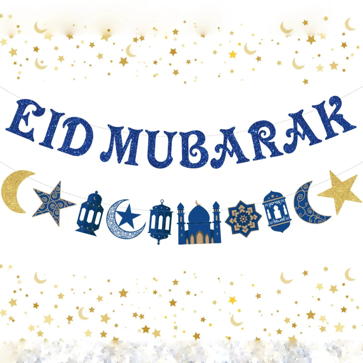 Glittering blue EID Mubarak Luxe Banner featuring a two-tier design with hanging gold and blue stars, crescent moons, lanterns, and a mosque motif.
