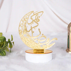 Eid Mubarak Calligraphy Stand in gold with crescent moon design, a modern home decor piece for Ramadan celebrations.