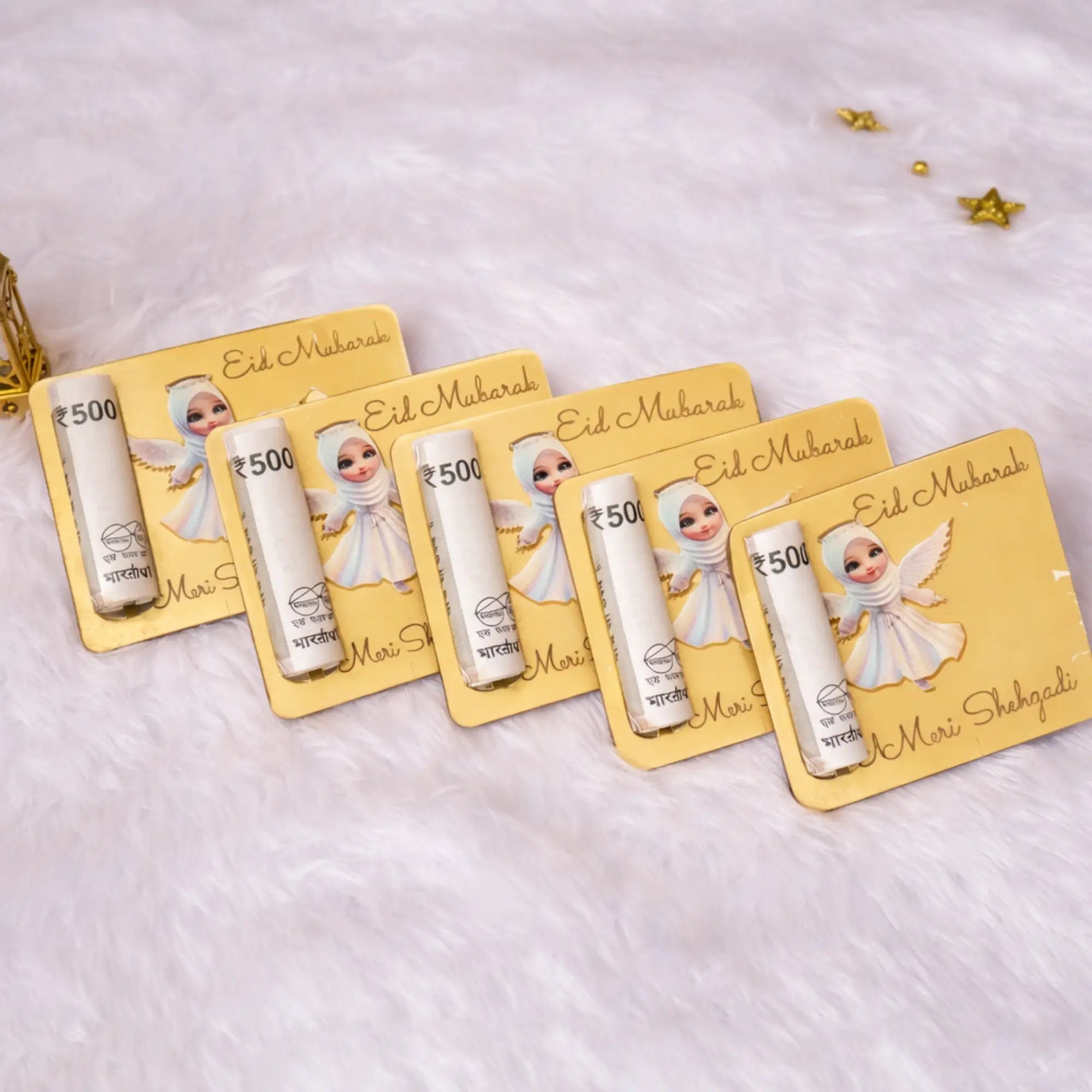 Set of Eid Mubarak acrylic gift cards with angel cartoon for Eid gifts
