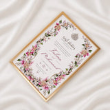 Angled view of a gold wedding frame with floral Nikah dua artwork and Islamic wedding blessings