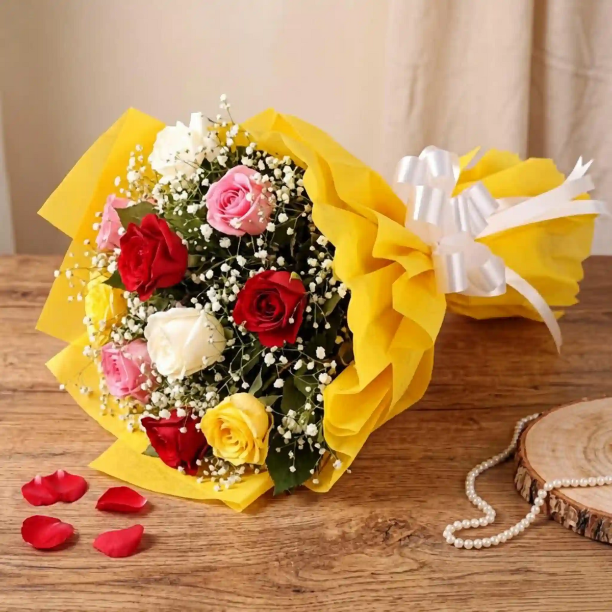 Elegant Mix Roses Bunch — detail of the flowers and wrapping