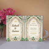 Emerald Luxury Green Nikah Nama Hamper complete set – velvet box, A3 Nikah Nama booklet, and customised Nikah pen laid out