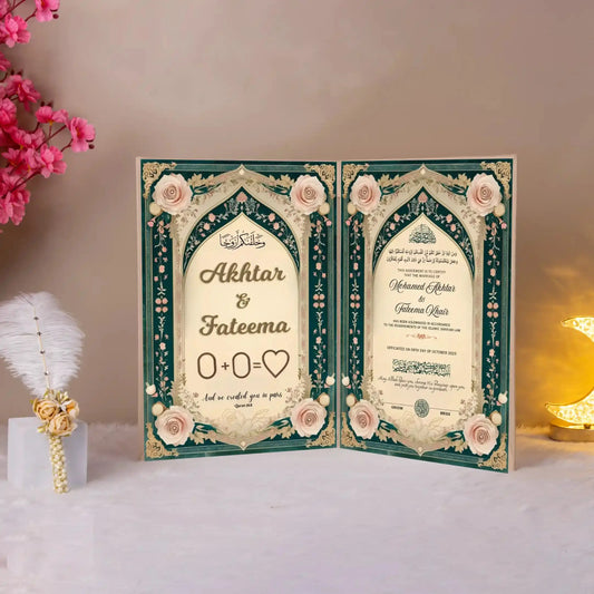Emerald Emaan Nikah Nama with floral Islamic design, featuring names Akhtar & Fateema, ideal for Nikah ceremonies and bridal gifts.