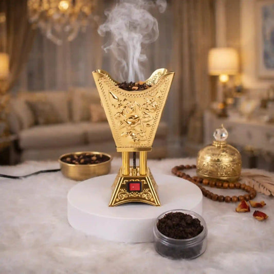 Emperor Bakhoor Burner - Bakhoor Burner | luxury design in gold finish, emitting aromatic smoke, ideal for home fragrance and elegant decor settings.